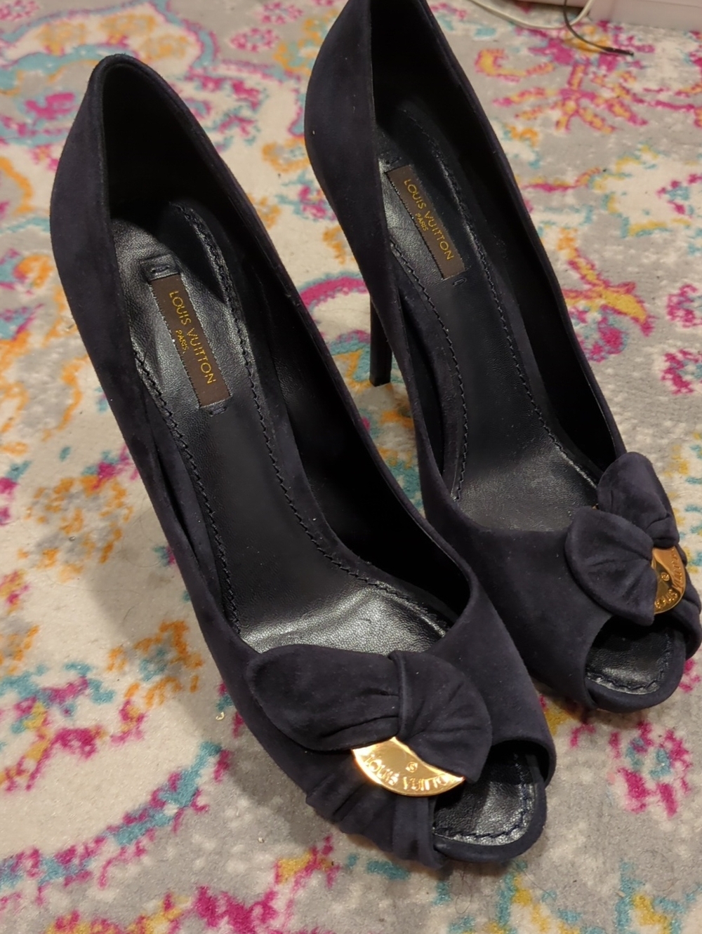 Louis Vuitton Navy Suede Peep-Toe Heels with Gold Accents